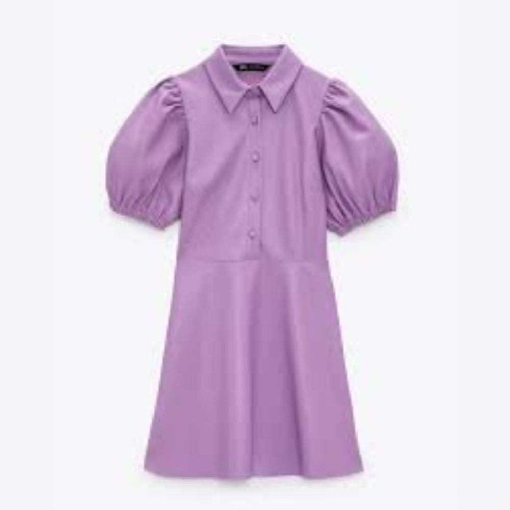ZARA Purple Faux Leather Puff Sleeve Mini Dress Button Front‎ | X-Small